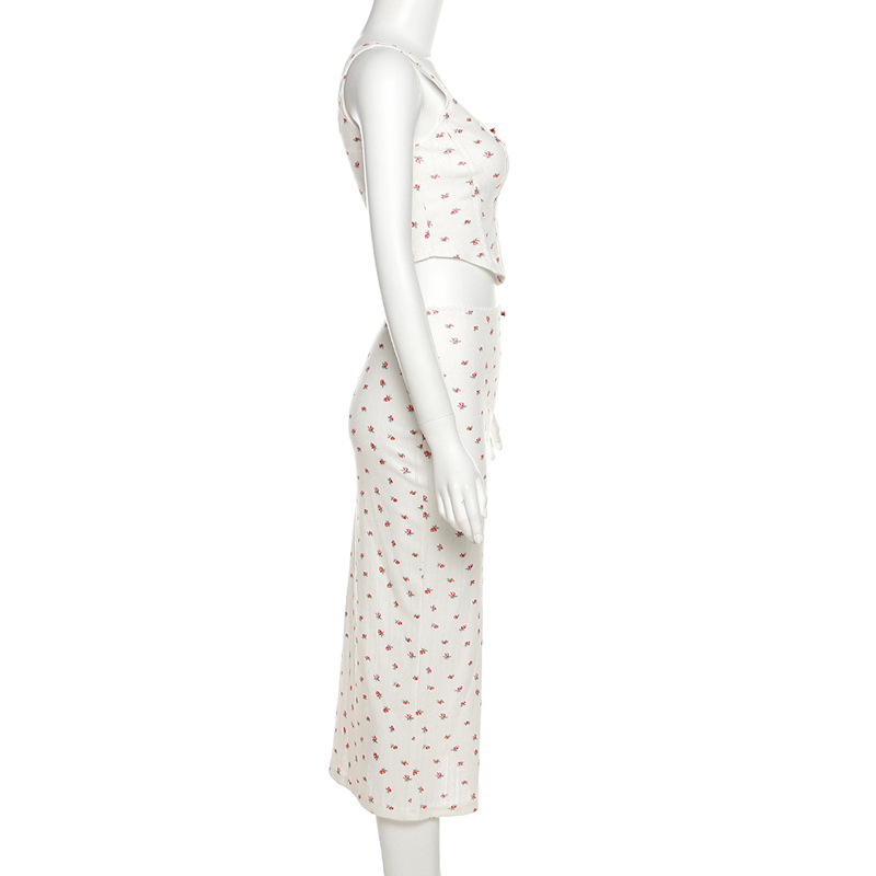 Fashionable Spaghetti Strap Printed Crop Top & Bodycon Midi Skirt Set