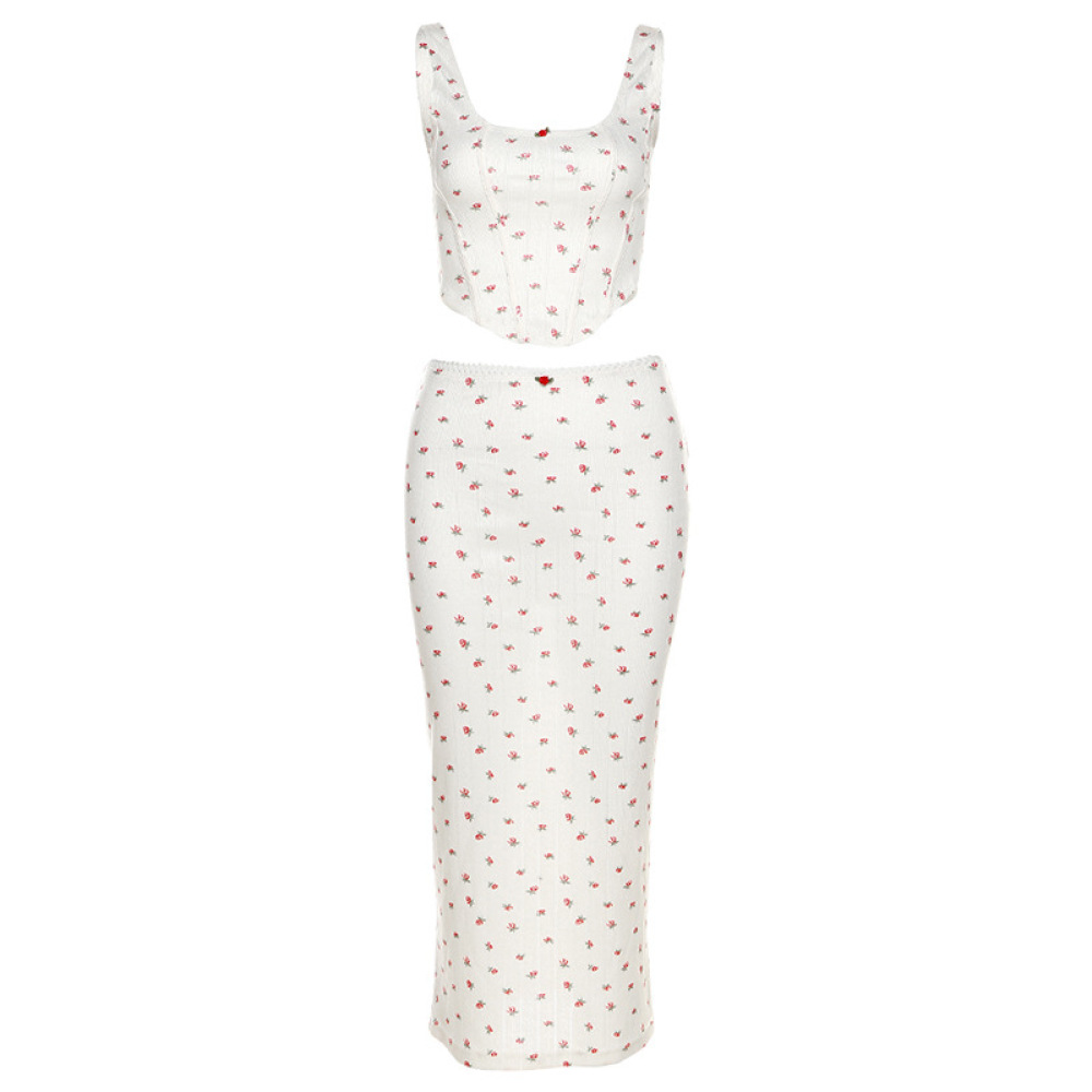 Fashionable Spaghetti Strap Printed Crop Top & Bodycon Midi Skirt Set