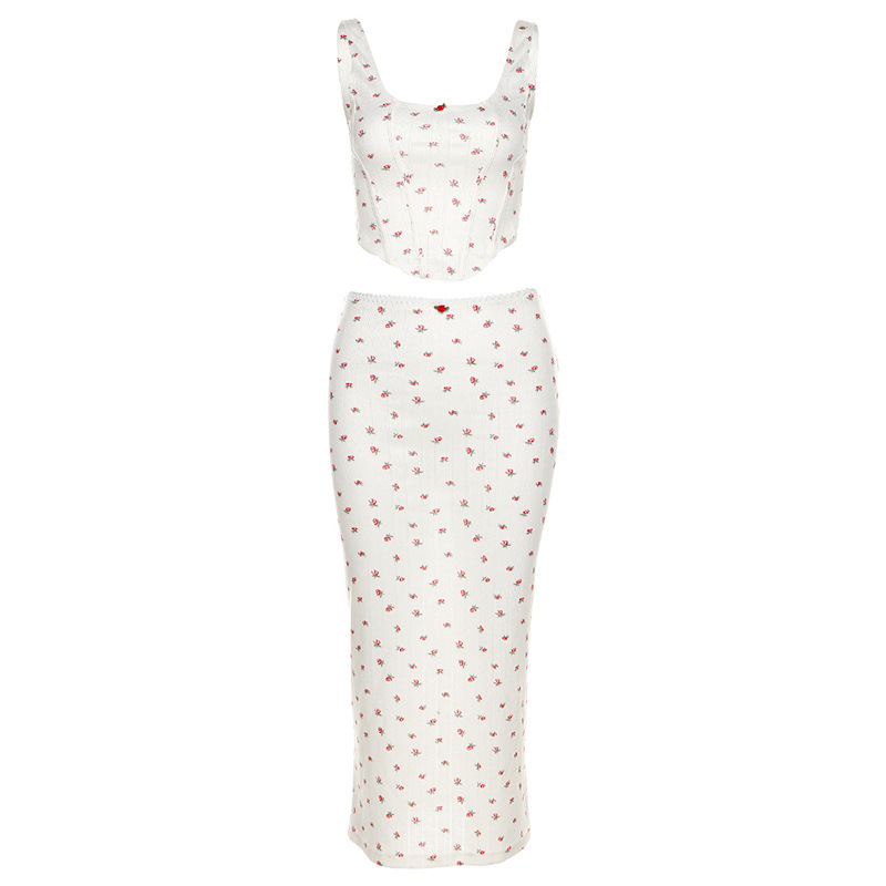 Fashionable Spaghetti Strap Printed Crop Top & Bodycon Midi Skirt Set