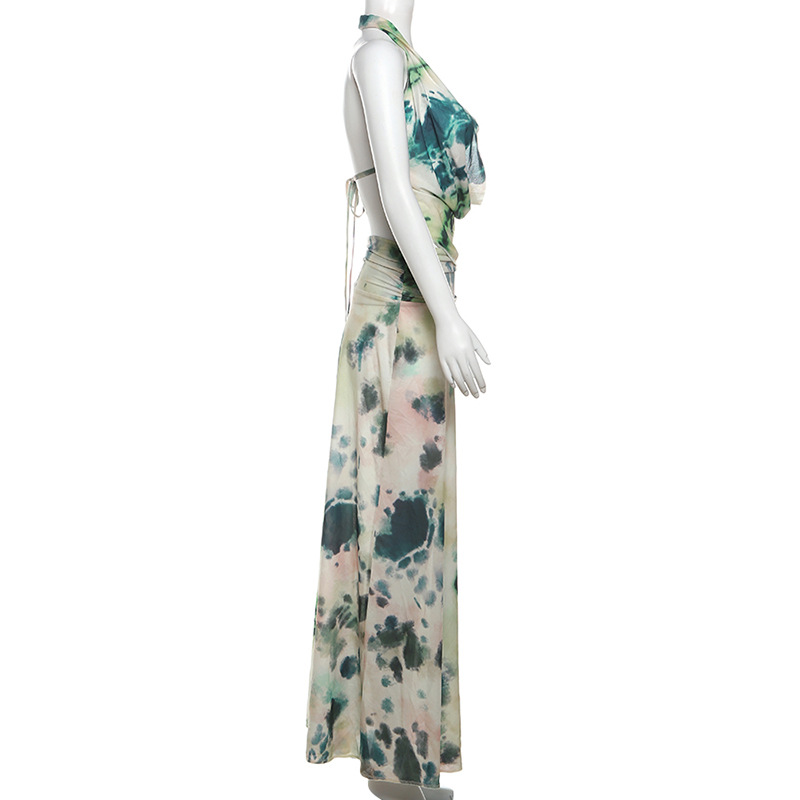 Ink Wash Print Deep V Backless Tank Top & Ruched Long Skirt Set