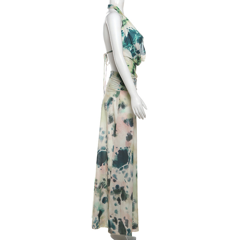 Ink Wash Print Deep V Backless Tank Top & Ruched Long Skirt Set