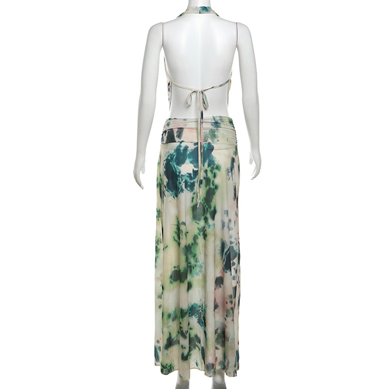 Ink Wash Print Deep V Backless Tank Top & Ruched Long Skirt Set