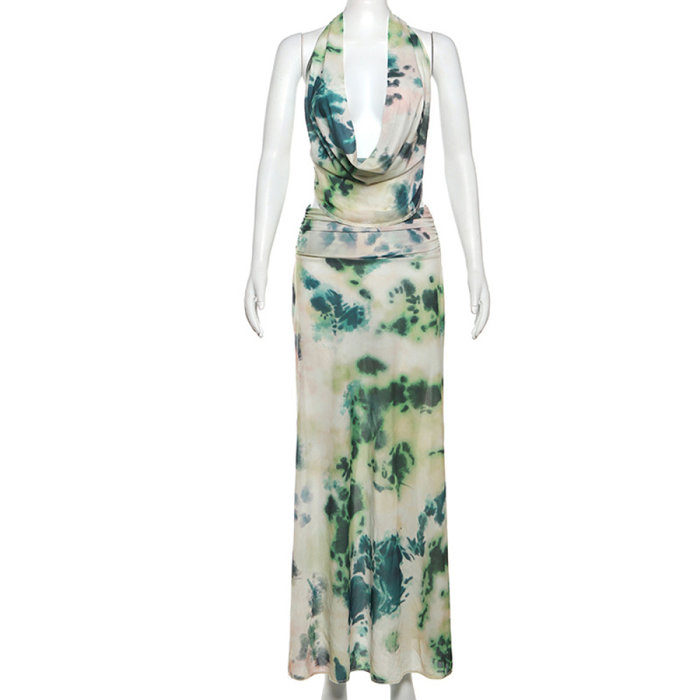 Ink Wash Print Deep V Backless Tank Top & Ruched Long Skirt Set