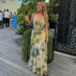 Ink Wash Print Deep V Backless Tank Top & Ruched Long Skirt Set