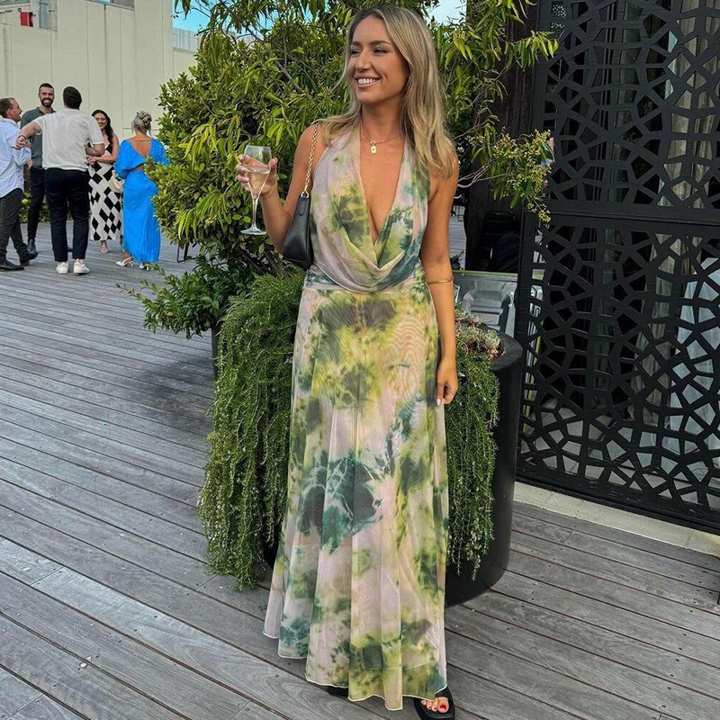 Ink Wash Print Deep V Backless Tank Top & Ruched Long Skirt Set
