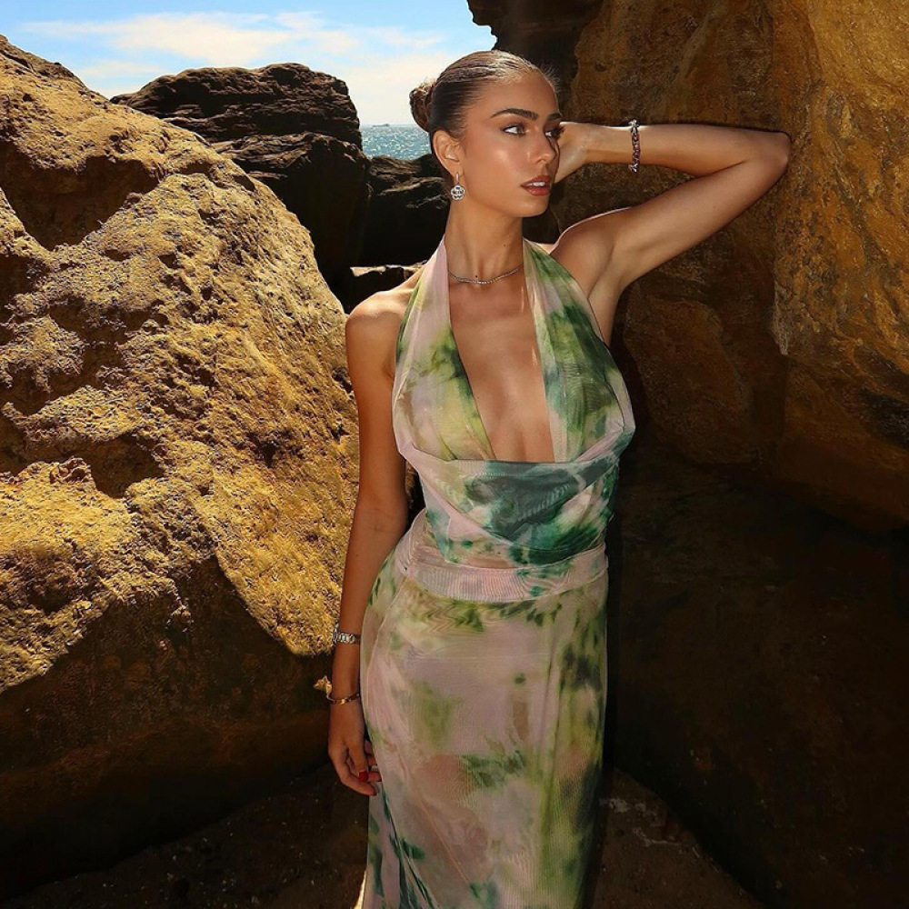 Ink Wash Print Deep V Backless Tank Top & Ruched Long Skirt Set