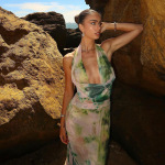 Ink Wash Print Deep V Backless Tank Top & Ruched Long Skirt Set