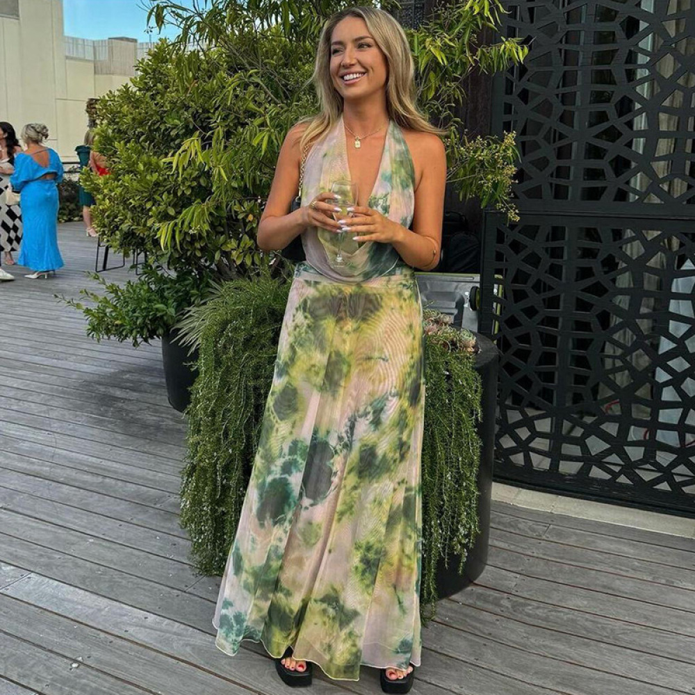 Ink Wash Print Deep V Backless Tank Top & Ruched Long Skirt Set