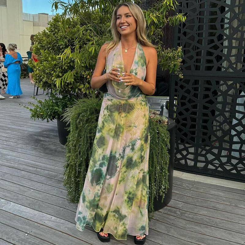 Ink Wash Print Deep V Backless Tank Top & Ruched Long Skirt Set