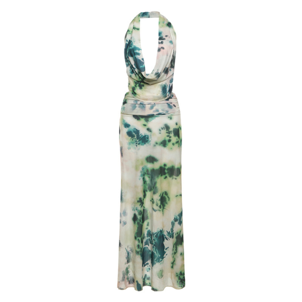 Ink Wash Print Deep V Backless Tank Top & Ruched Long Skirt Set