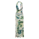 Ink Wash Print Deep V Backless Tank Top & Ruched Long Skirt Set