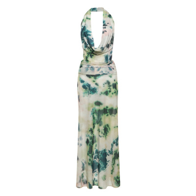 Ink Wash Print Deep V Backless Tank Top & Ruched Long Skirt Set 01