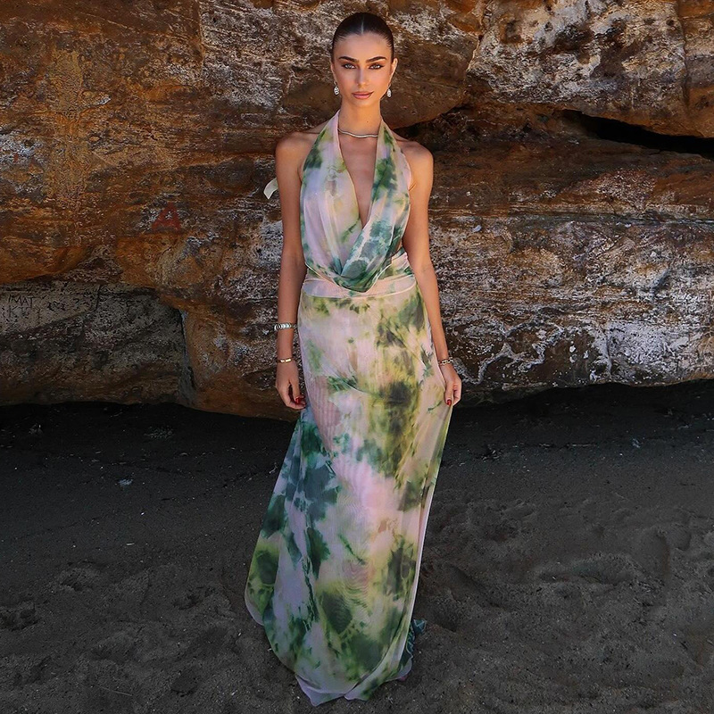 Ink Wash Print Deep V Backless Tank Top & Ruched Long Skirt Set