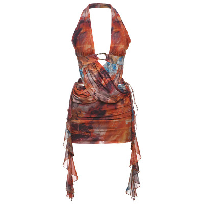 Sexy Cutout Print Halter Neck Tie Dress with Sheer Mesh 01