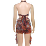 Sexy Cutout Print Halter Neck Tie Dress with Sheer Mesh