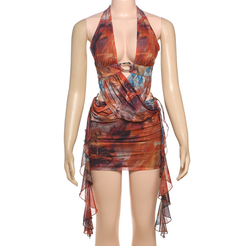 Sexy Cutout Print Halter Neck Tie Dress with Sheer Mesh