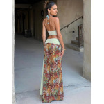 Sexy Halter Print Crop Top & Color-Block Bodycon Skirt Set 