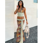 Sexy Halter Print Crop Top & Color-Block Bodycon Skirt Set 