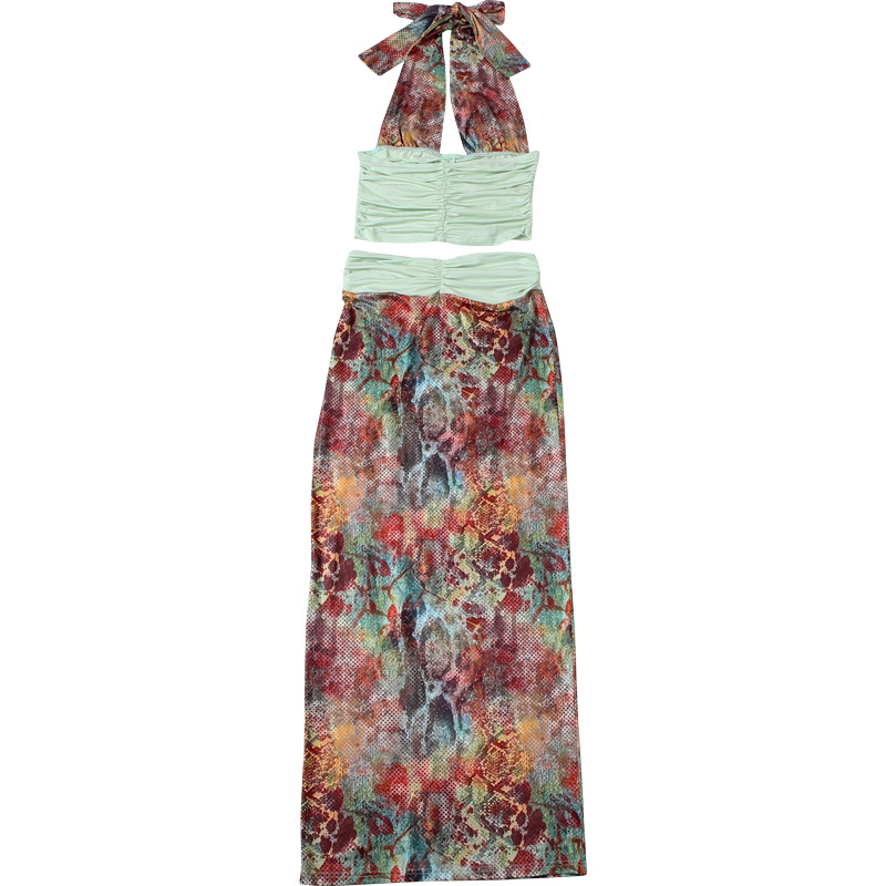 Sexy Halter Print Crop Top & Color-Block Bodycon Skirt Set 
