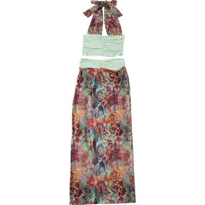 Sexy Halter Print Crop Top & Color-Block Bodycon Skirt Set  02