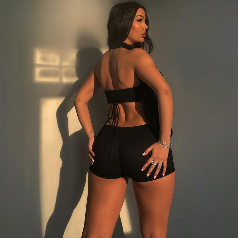 Sexy Strapless Halter Deep V Backless Jumpsuit with Tie Waist