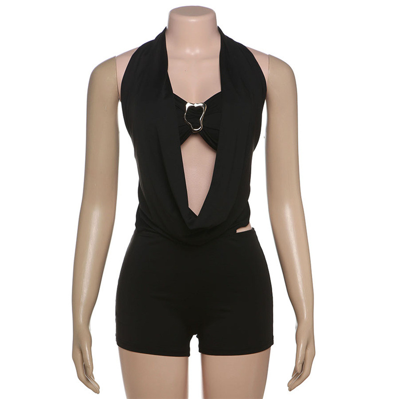 Sexy Strapless Halter Deep V Backless Jumpsuit with Tie Waist