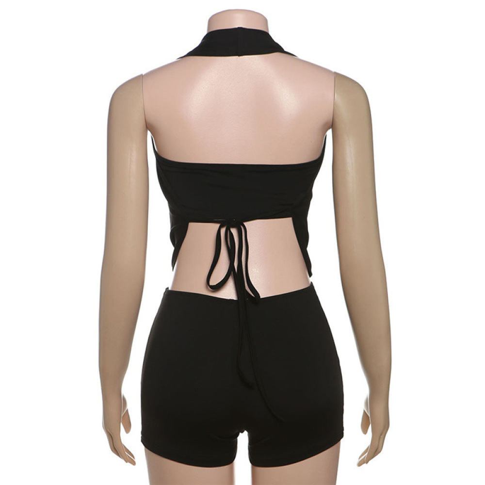 Sexy Strapless Halter Deep V Backless Jumpsuit with Tie Waist