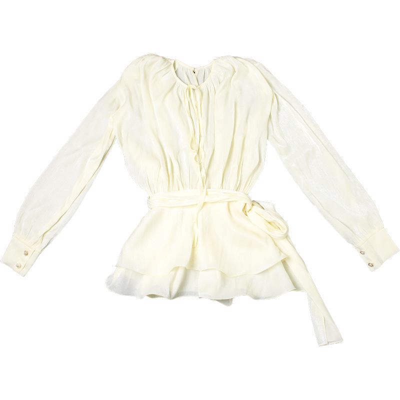 2025 New High-Quality Round Neck Tie-Waist Long Sleeve Top & Solid Color Fitted Shorts Set