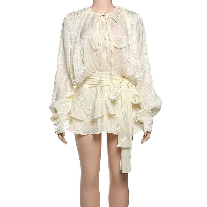 2025 New High-Quality Round Neck Tie-Waist Long Sleeve Top & Solid Color Fitted Shorts Set