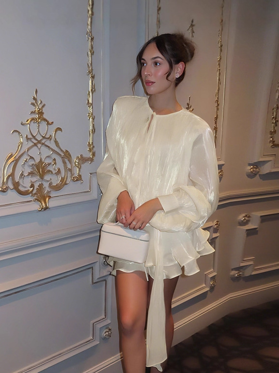 2025 New High-Quality Round Neck Tie-Waist Long Sleeve Top & Solid Color Fitted Shorts Set