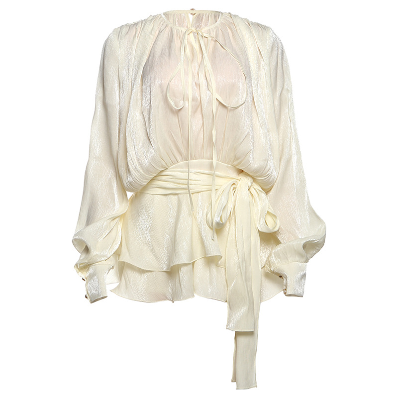 2025 New High-Quality Round Neck Tie-Waist Long Sleeve Top & Solid Color Fitted Shorts Set