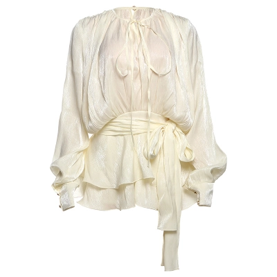 2025 New High-Quality Round Neck Tie-Waist Long Sleeve Top & Solid Color Fitted Shorts Set 01