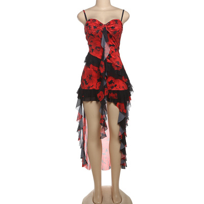 2025 New Sheer Mesh Fitted Floor-Length Printed Slip Dress with Spaghetti Straps 02
