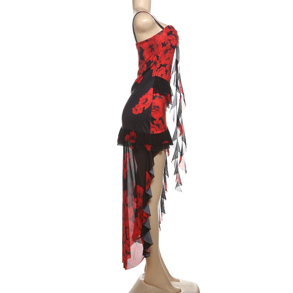 2025 New Sheer Mesh Fitted Floor-Length Printed Slip Dress with Spaghetti Straps