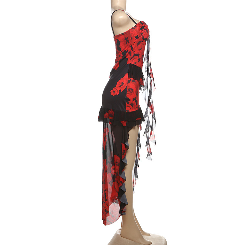 2025 New Sheer Mesh Fitted Floor-Length Printed Slip Dress with Spaghetti Straps