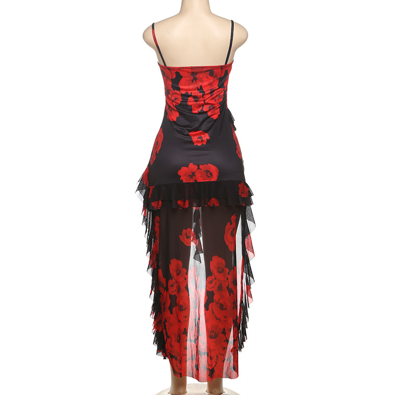 2025 New Sheer Mesh Fitted Floor-Length Printed Slip Dress with Spaghetti Straps