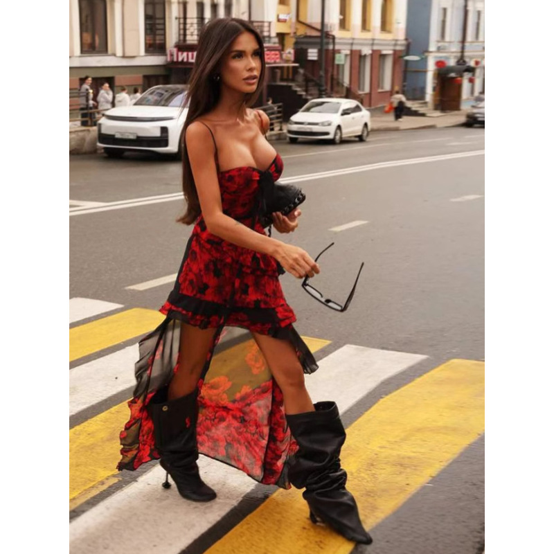 2025 New Sheer Mesh Fitted Floor-Length Printed Slip Dress with Spaghetti Straps