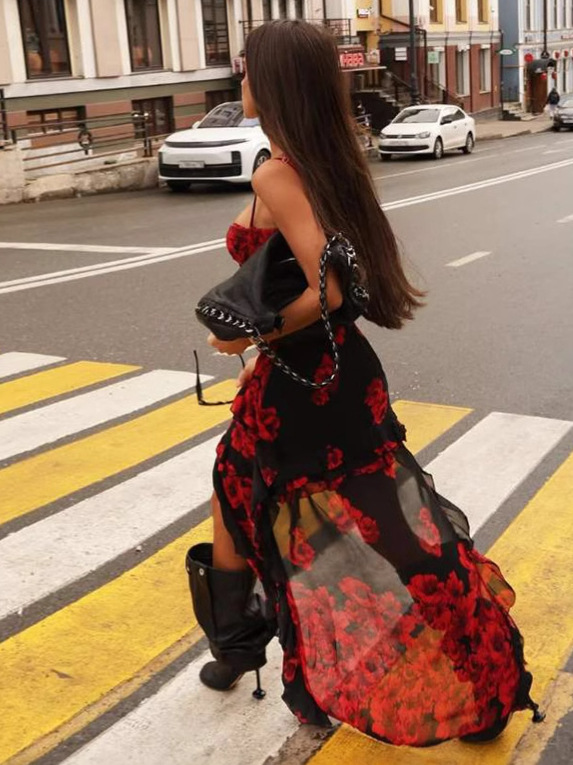 2025 New Sheer Mesh Fitted Floor-Length Printed Slip Dress with Spaghetti Straps