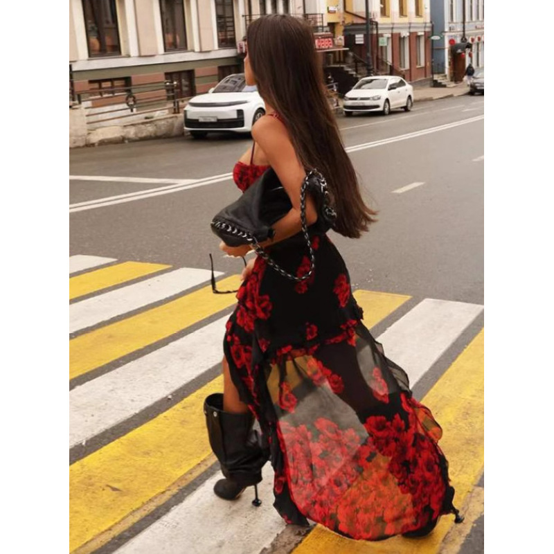 2025 New Sheer Mesh Fitted Floor-Length Printed Slip Dress with Spaghetti Straps