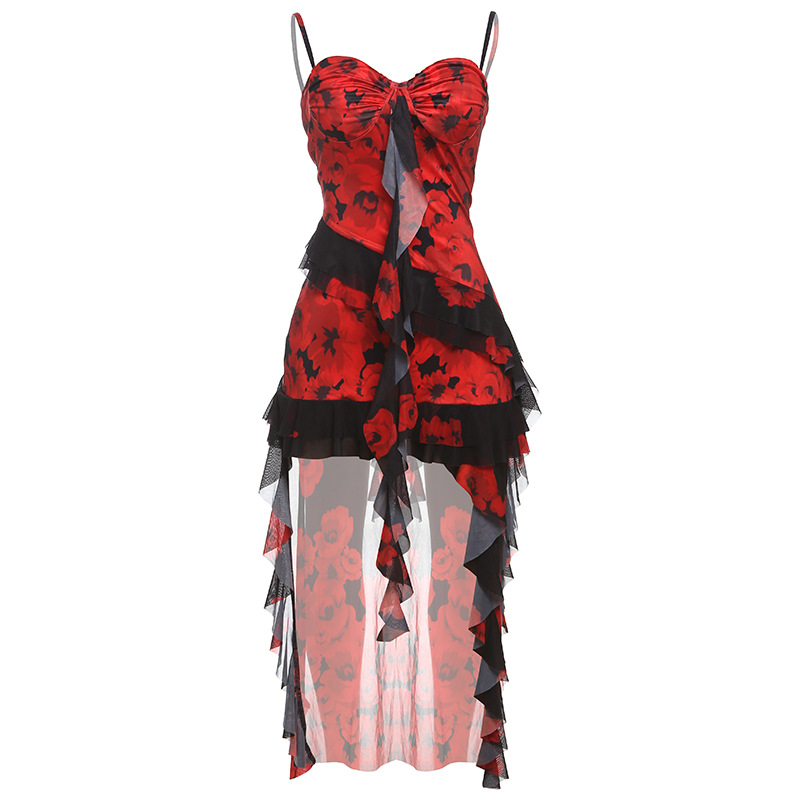 2025 New Sheer Mesh Fitted Floor-Length Printed Slip Dress with Spaghetti Straps