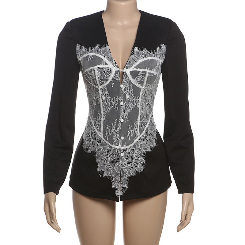 2025 New Stylish Slim-Fit Lace-Trim Button V-Neck Blazer for Women