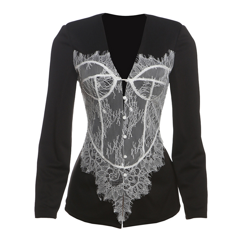 2025 New Stylish Slim-Fit Lace-Trim Button V-Neck Blazer for Women