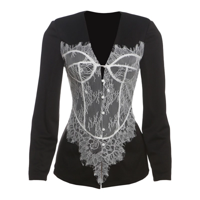 2025 New Stylish Slim-Fit Lace-Trim Button V-Neck Blazer for Women 01