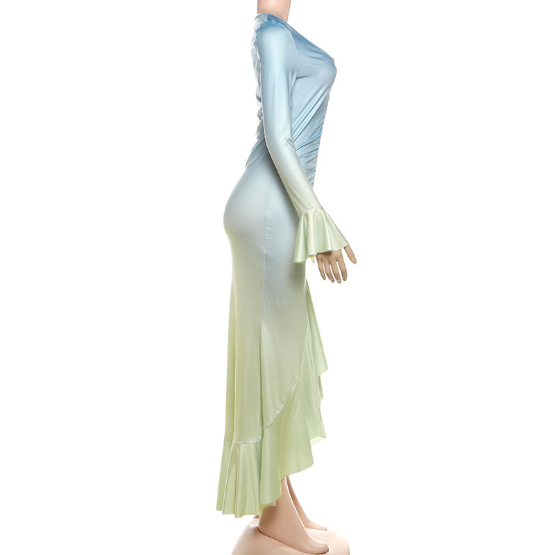 2025 New Trendy Ombre Color-Block Slim-Fit Sexy V-Neck Bodycon Long Sleeve Dress