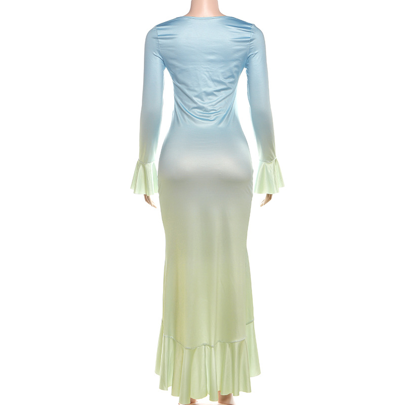 2025 New Trendy Ombre Color-Block Slim-Fit Sexy V-Neck Bodycon Long Sleeve Dress