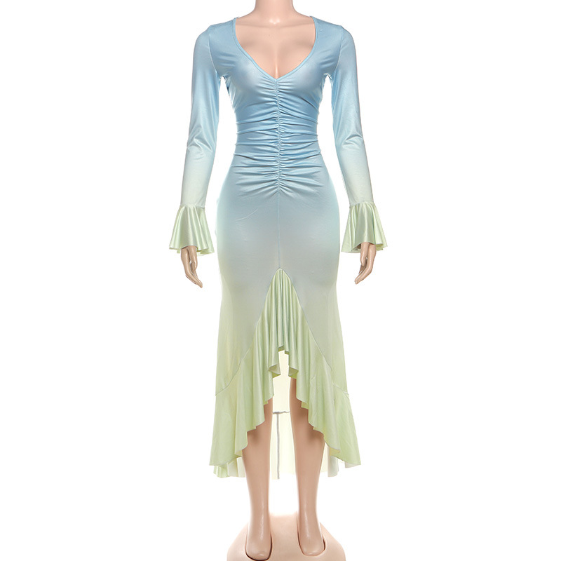 2025 New Trendy Ombre Color-Block Slim-Fit Sexy V-Neck Bodycon Long Sleeve Dress