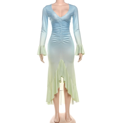 2025 New Trendy Ombre Color-Block Slim-Fit Sexy V-Neck Bodycon Long Sleeve Dress 02