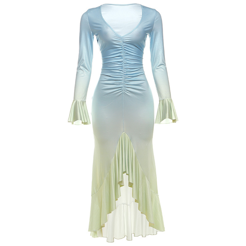 2025 New Trendy Ombre Color-Block Slim-Fit Sexy V-Neck Bodycon Long Sleeve Dress
