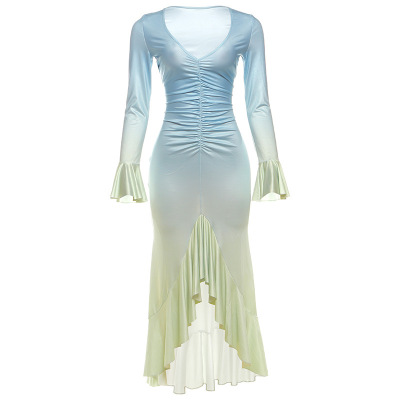 2025 New Trendy Ombre Color-Block Slim-Fit Sexy V-Neck Bodycon Long Sleeve Dress 01