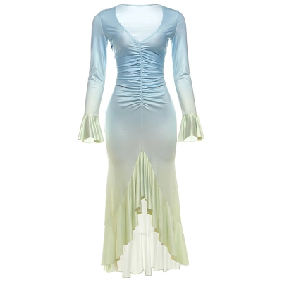 2025 New Trendy Ombre Color-Block Slim-Fit Sexy V-Neck Bodycon Long Sleeve Dress 01